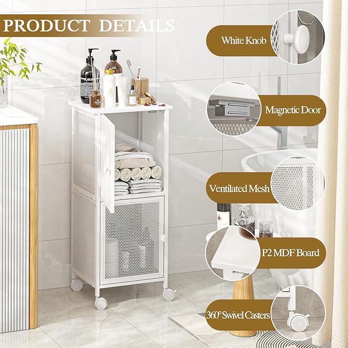 Small Bathroom Storage Cabinet with Movable Wheels, Wooden Bathroom Standing Shelf with 2 Metal Doors, Slim Bathroom Storage Cart for Small Spaces, Laundry, Kitchen, Narrow stand Storage Unit, White