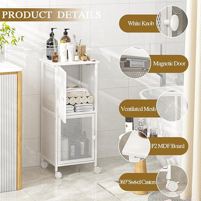 Small Bathroom Storage Cabinet with Movable Wheels, Wooden Bathroom Standing Shelf with 2 Metal Doors, Slim Bathroom Storage Cart for Small Spaces, Laundry, Kitchen, Narrow stand Storage Unit, White