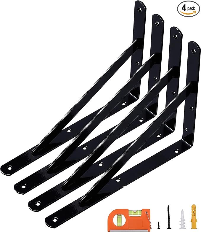 4-Pack 8 Inch Heavy Duty Shelf Brackets, Large Wall Brackets for Floating Shelves, 90 Degree Triangle L Bracket, Black Powder-Coated Steel