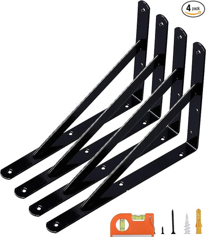 4-Pack 8 Inch Heavy Duty Shelf Brackets, Large Wall Brackets for Floating Shelves, 90 Degree Triangle L Bracket, Black Powder-Coated Steel