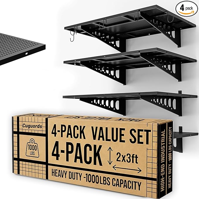 4-Pack 2x3ft Wall Storage Shelves, 1000 Lbs Garage Wall Shelf, Heavy Duty Floating Tool Rack With Complete Install Kit, Black