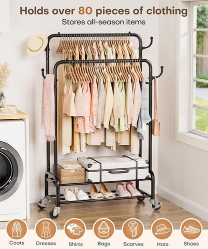Homde Heavy Duty Clothes Rack: 265lb Rolling Double Rod Garment Hanging - Metal Coat Organizer Storage Display Shelf on Wheels for Bedroom Laundry