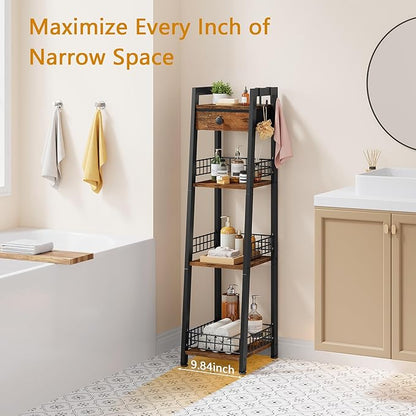 4-Tier Narrow Ladder Shelf with Drawer, Bathroom Table Stand for Small Space, Narrow Bathroom Standing Shelves with Storage for Living Room Bedroom Kitchen, Organizer Shelf, Rustic Brown
