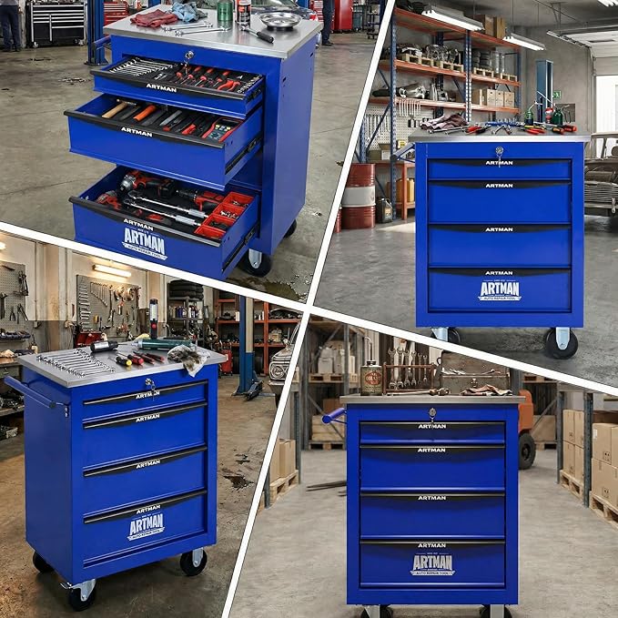 4-Drawer Rolling Tool Chest with Stainless Steel Countertop,Tool Chest with Secure Locking System,Mobile Storage Tool Cabinet with 360°Wheels and Padded Feet,for Home,Garage (Blue)