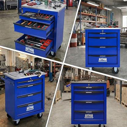 4-Drawer Rolling Tool Chest with Stainless Steel Countertop,Tool Chest with Secure Locking System,Mobile Storage Tool Cabinet with 360°Wheels and Padded Feet,for Home,Garage (Blue)