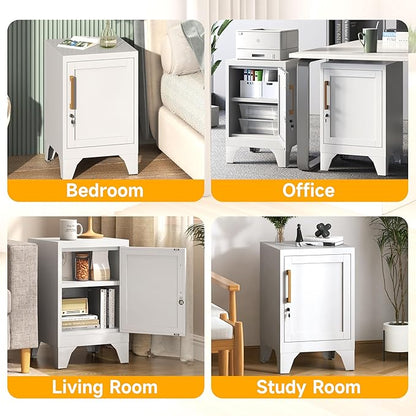 23.6" H Metal Locker Nightstand Set of 2,White Locking Night Stand with Door and Adjustable Shelf, Small Locker Cabinet with Detachable Legs for Home Office,Living Room or Bedroom,Easy Assembly