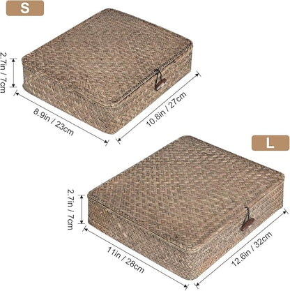 Set of 2 Flat Seagrass Storage Bins with Lid Wicker Storage Baskets for Organizing, Woven Shelf Organizer Bins Home Utility Organizer Box for Home & Office Supplies(Coffee)