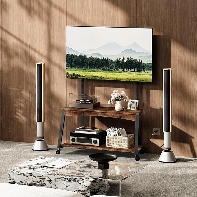 Mobile TV Stand with Charging Station and Adjustable Mount, 2-Tier Rolling TV Console Table for TVs up to 70 inch, for Living Room, Bedroom, Rustic Brown and Black TDS10UBF