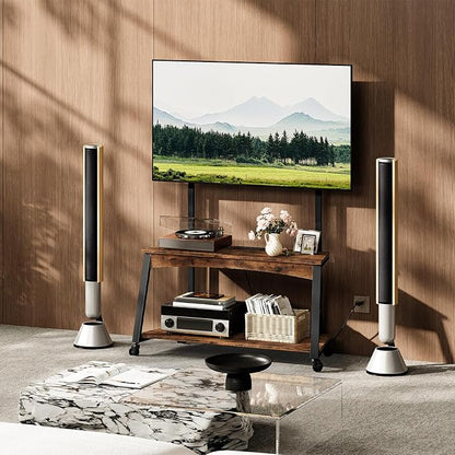 Mobile TV Stand with Charging Station and Adjustable Mount, 2-Tier Rolling TV Console Table for TVs up to 70 inch, for Living Room, Bedroom, Rustic Brown and Black TDS10UBF