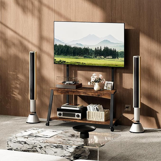 Mobile TV Stand with Charging Station and Adjustable Mount, 2-Tier Rolling TV Console Table for TVs up to 70 inch, for Living Room, Bedroom, Rustic Brown and Black TDS10UBF