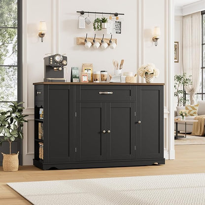 HOSTACK Kitchen Island Cart with Storage, 47'' Kitchen Storage Island on Wheels with 2 Drawers, Rolling Island Table with Adjustable Shelves, Mobile Buffet Sideboard Cabinet for Dining Room, Black