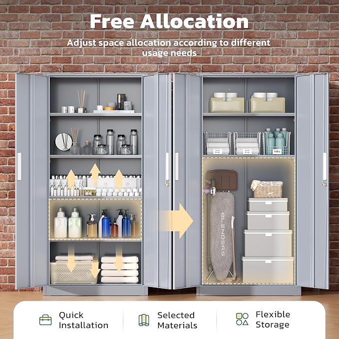 Greenvelly Metal Lockable Storage Cabinet, 72” Storage Cabinet with 2 Doors and 4 Adjustable Shelves for Office, Home, Garage, Pantry (Assembly Required, Dark Grey)