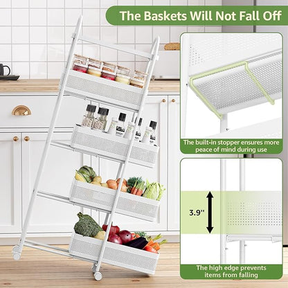 KINGRACK 5-Tier Slim Storage Cart with Pull Out Basket, Rolling Bathroom Organizer Utility, Metal Shelving Unit Slide Out, Lockable Wheels, Easy Assembly for Narrow Place, Kitchen, Laundry Room, White
