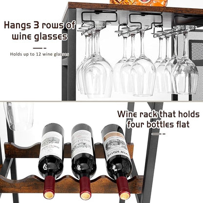 Versatile Liquor Stand for Home Bar, Wine Rack Freestanding Floor, Mini Bar Table for Liquor Whiskey Wine, 3-Tier Trapezoidal Liquor Bottle Display Shelf with Glass Holder and Fences(Patent Pending)