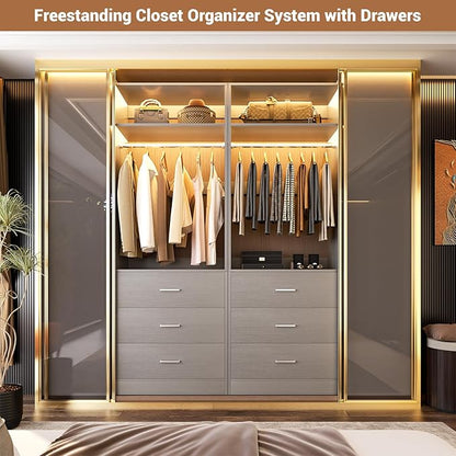 Freestanding 2FT Closet System with 3 Wood Drawers, 24" Closet Organizer System with Hanging Rod & Shelves, Walk-in Closet Systems for Small Closets, Grey (24"L x 15" W x 80" H)
