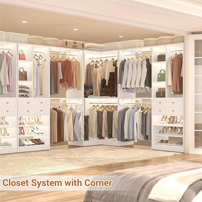 Large Closet System (Set of 3) with 4 Drawers, 8 Hanging Robs, 91.5"/151" Closet Organizer System with Corner Tower, Reversible Walk-in Closet System Corner Closet System, White