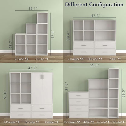 Homes: Inside + Out Apexa 3-Cube Storage Organizer Shelves, Stackable Wood Bookcase Fits Cubby Bins for Organization, Dorm Teen Room Decor & Home Office, White
