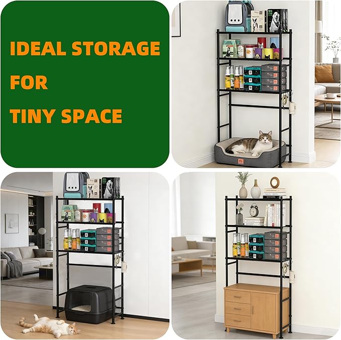 Over The Dog Crate Storage Shelf, 3-Tier Metal Dog Crate Furniture Stand for Most Breed Sizes, Freestanding Above The Cat Litter Box Shelves, Pet Supplies Organizer with Adjustable Feet, Black