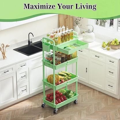 4 Tier Rolling Utility Cart with Drawer, Storage Organizer Cart with 2 Lockable Wheels, Multifunctional Rolling Storage Cart for Bathroom, Kitchen, Craft, Makeup, Baby Essentials, Green