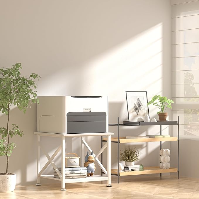 Printer Stand, 23.6 x 23.6 Inches Large Printer Stand with Storage Shelf, 2 Tier Printer Table for Home Office, Rolling Printer Cart with Industrial Wheels, Mini Fridge Stand Table, White