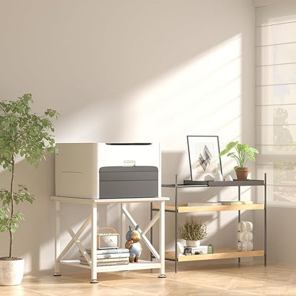Printer Stand, 23.6 x 23.6 Inches Large Printer Stand with Storage Shelf, 2 Tier Printer Table for Home Office, Rolling Printer Cart with Industrial Wheels, Mini Fridge Stand Table, White