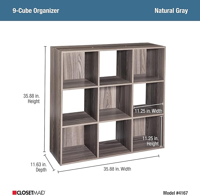 ClosetMaid Cubeicals 9 Cube Storage Shelf Organizer Bookshelf, Stackable, Square Shape, Easy Assembly, Wood, Natural Gray Finish