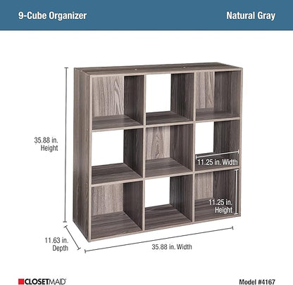 ClosetMaid Cubeicals 9 Cube Storage Shelf Organizer Bookshelf, Stackable, Square Shape, Easy Assembly, Wood, Natural Gray Finish
