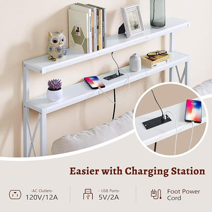 FAVOOSTY 46.8" Skinny Console Table with Charging Station and LED Light,5.9" Narrow Sofa Table with Power Outlets and Type C & USB Port, Behind Couch Table for Living Room, Hallway, EntryWay, White