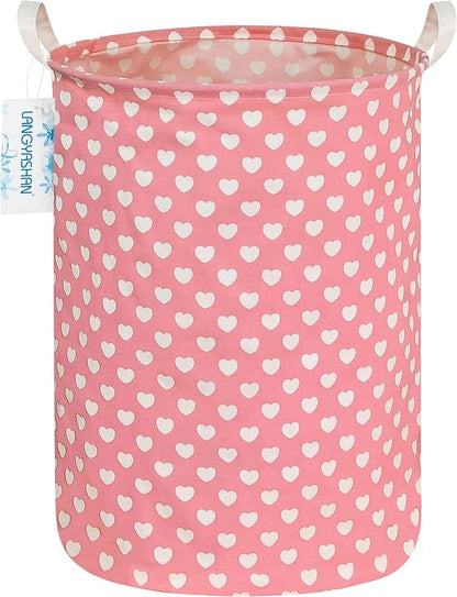 LANGYASHAN Laundry Basket Canvas Fabric Collapsible Organizer Basket for Storage Bin Toy Bins Gift Baskets Bedroom Clothes Children Nursery Hamper (pink heart)