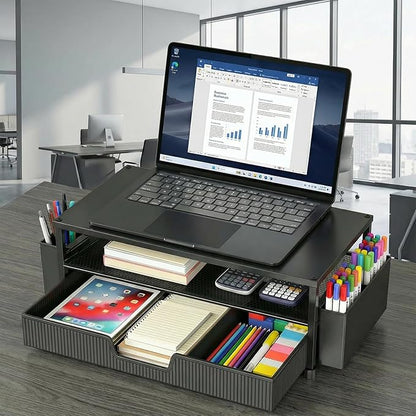 Desk Organizer and Accessories, 2-Tier Computer Monitor Stand Rise with Storage Drawer & 2 Pen Holders, Laptop & Printer Stand for Desktop, Workspace Organizers for Office Supplies (Black)