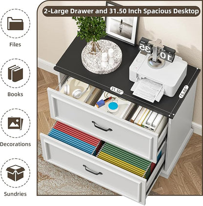 2 Drawer File Cabinet, Farmhouse Lateral Filing Cabinet for Letter/A4/F4/Legal Size Hanging Files, Large Wood File Storage Cabinets Printer Stand for Home Office, White and Black