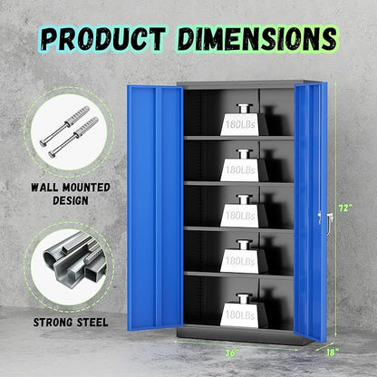 SUNCROWN 72" Metal Storage Cabinet - Heavy-Duty Metal Garage Cabinet with 4 Adjustable Shelves & 2 Doors for Tools, Office, Home, Workshop,Black & Blue