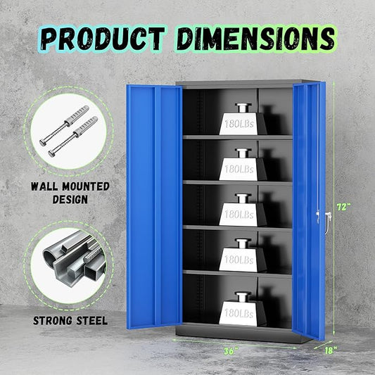 SUNCROWN 72" Metal Storage Cabinet - Heavy-Duty Metal Garage Cabinet with 4 Adjustable Shelves & 2 Doors for Tools, Office, Home, Workshop,Black & Blue