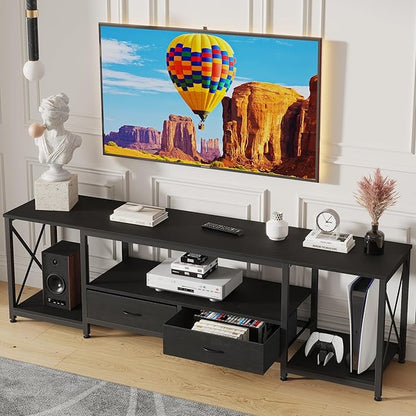 GYIIYUO TV Stand with Fabric Drawers for 75 80 Inches TV - Entertainment Center and Industrial TV Console Table with Open Storage Shelves for Living Room, Bedroom- 71.5" Black
