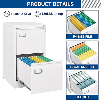 2 Drawers Vertical File Cabinets - 17.8" Deep Lockable Filing Cabinet - Metal Storage Cabinets for Home Office to Hanging Files Letter/Legal/F4/A4 Size