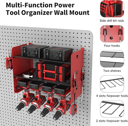 NWH Power Tool Organizer Wall Mount,Tool Organizer with 5 Drill Racks in Garage, 3 Levels of Storage Space, Heavy Duty Metal Power Tool Storage Rack Tool Shelf for Garage Organization