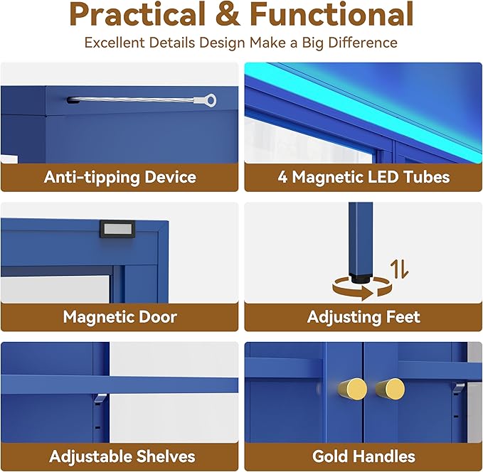 Glass Display Cabinet with Glass Doors, Metal Curio Cabinet with 8-Color LED Lights, 66 Inch Tall Display Case for Collectibles, Blue Storage Cabinet for Living Room, Assembly Required