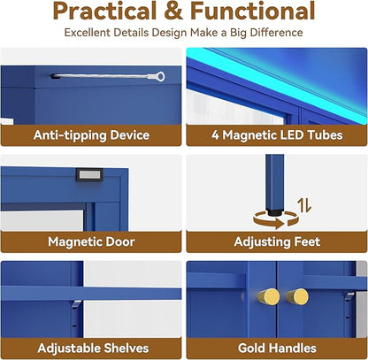Glass Display Cabinet with Glass Doors, Metal Curio Cabinet with 8-Color LED Lights, 66 Inch Tall Display Case for Collectibles, Blue Storage Cabinet for Living Room, Assembly Required