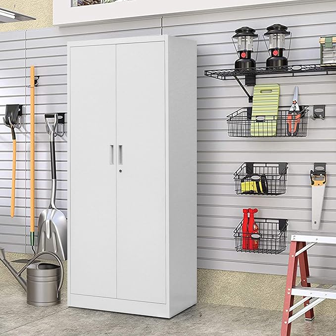 Metal Storage Cabinet, 71”H Locking Storage Cabinet with 5 Adjustable Shelves, Steel Cabinets for Garage, Home, Office, Pantry (White)