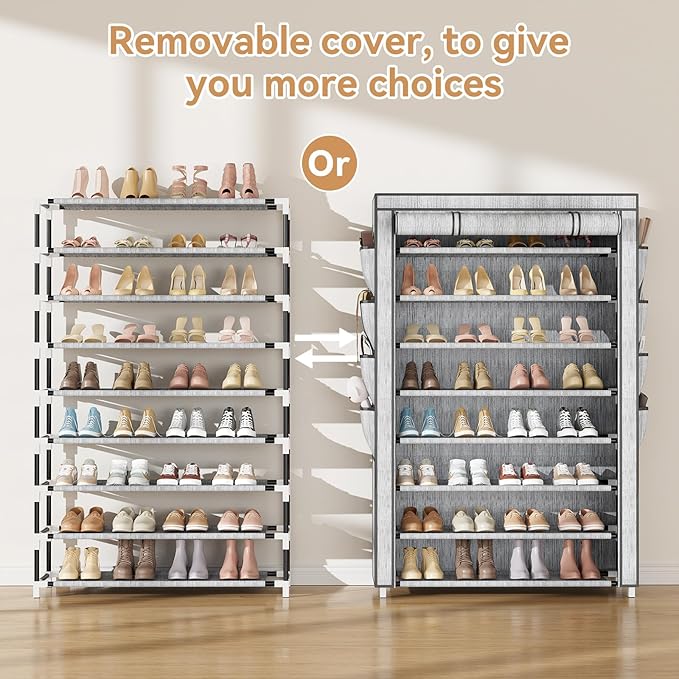 Shoe Rack with Cover, 8 Tier Tall Shoe Organizer Storage for 36-45 Pair Shoes and Boots Large Shoe Storage Shelf Free Standing Shoe Rack for Closet, Front Door Entrance, Dorm, Garage, Printing