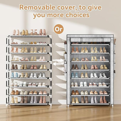 Shoe Rack with Cover, 8 Tier Tall Shoe Organizer Storage for 36-45 Pair Shoes and Boots Large Shoe Storage Shelf Free Standing Shoe Rack for Closet, Front Door Entrance, Dorm, Garage, Printing