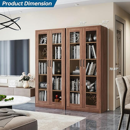 Display Cabinet with Glass Doors, 71 Inches Metal Display Case with 4 Adjustable Shelves, Curio Storage Cabinet with Lock for Home, Office, Book, Pantry, Assemble Required (Wood Color)