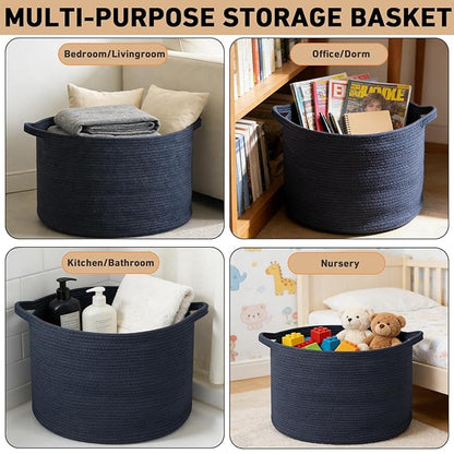 65L Large Blanket Basket,19.7" L x 19.7" W x 13" H Rope Woven Baskets with Handles, Toys Storage Bins,Laundry Basket Perfect for Living Room, Nursery,Bedroom,Home Organization,Dark Blue