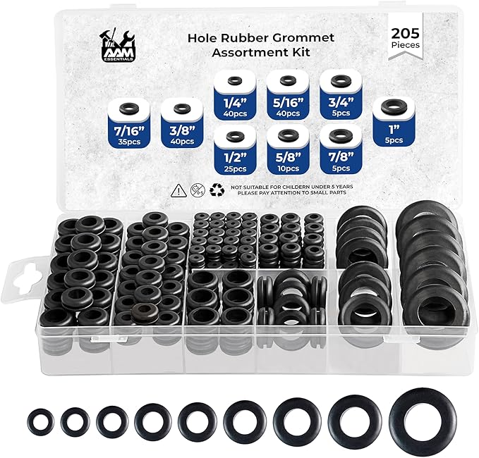 Rubber Grommets for Wiring-205pcs in 9 Sizes 1",1/2",1/4", 3/4", 3/8", 5/8", 5/16", 7/8",7/16" Waterproof hole rubber grommet kit & Tear Resistant Firewall Grommets wire grommet Ideal for Auto Sealing