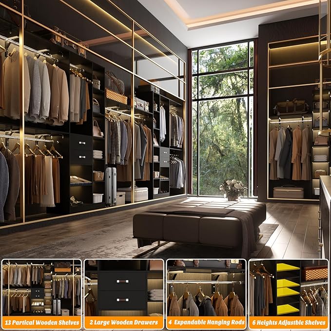 Upgraded 96 Closet System with 18 Storage Place, 8FT Closet Organizers System with 13 Shelves and 2 Wooden Drawers, 96'' Walk-in Closet with 4 Hanging Rods, Adjustable Garment Rack, Black