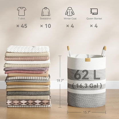62L Striped Laundry Hamper with Leather Handles,Large Foldable Laundry Basket for Clothes,Cotton Rope Storage Bin for Blankets,Woven Clothes Basket for Bedroom,Gray Stripes
