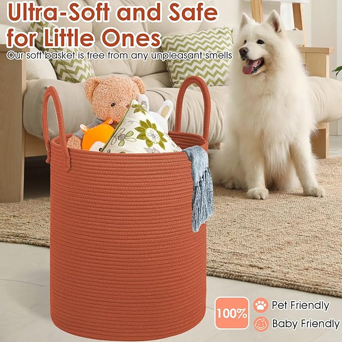 Cotton Rope Laundry Basket, Large Capacity Storage Bin with Handles, Blanket Basket for Living Room, Ribbed Texture, Brick Red, XX Large 100L