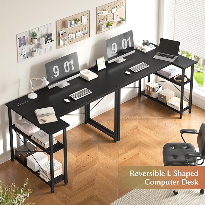 EnHomee Small Computer Desk with Storage Shelves & Side Bag, 40 Inch L Shaped Gaming Desk with Power Outlets, Corner Desk Study Writing Table for Home Office Bedroom Living Room, Black
