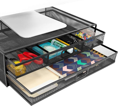 MOUNT-IT! Computer Monitor Stand With Drawers, Metal Mesh Riser and Organizer for Laptops and Computer Screens, Laptop, and Printer Accessories and Office Supplies (Black)