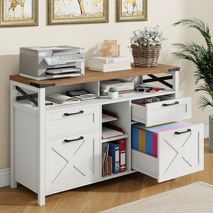 Vabches Farmhouse Filing Cabinet with Adjustable Shelf for Home Office, Lateral File Cabinets 4 Drawers with Open Storage Shelf, Filing Organization Storage Cabinets for Hanging Files Letter/A4